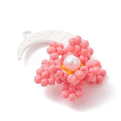 Glass Seed Beaded Moon & Flower Pendants PALLOY-MZ01185-03-1
