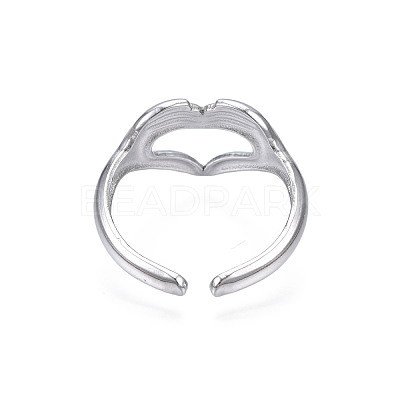 Non-Tarnish 304 Stainless Steel Heart Gesture Open Cuff Ring for Women RJEW-S405-260P-1
