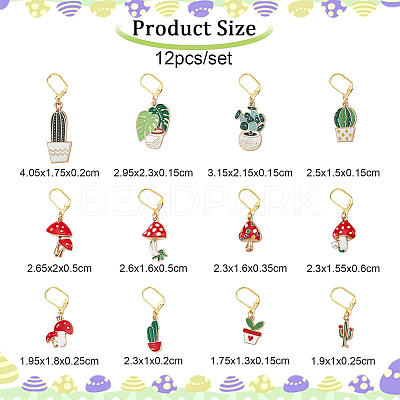 12Pcs 12 Style Cactus & Leaf & Mushroom Alloy Enamel Locking Stitch Markers HJEW-PH01501-1