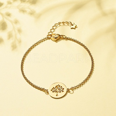 201 Stainless Steel Tree of Life Link Bracelet with 304 Stainless Steel Box Chains for Women BJEW-JB08281-01-1