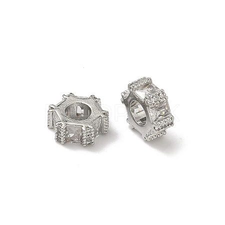 Hexagon Brass Clear Cubic Zirconia European Beads KK-D228-06P-1