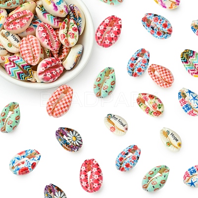 60Pcs 12 Styles Printed Natural Shell Beads BSHE-FS0001-08-1