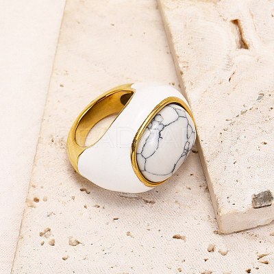Oval 304 Stainless Steel with Natural Howlite Finger Rings FS-WGC5475-11-1