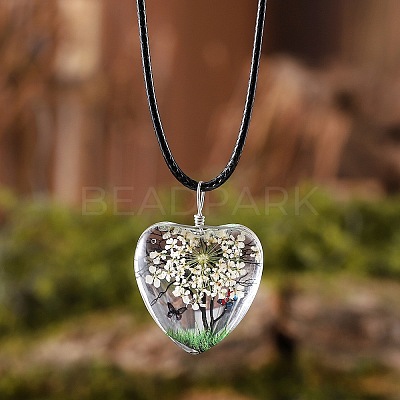 Heart Glass with Dried Flower Tree Inner Pendant Black Waxed Cord Necklaces FS-WG87A6D-06-1