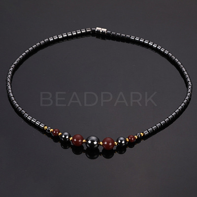 Round Synthetic Non-magnetic Hematite & Red Stone Graduated Beaded Necklaces with Magnetic Clasps FS-WG3B67F-01-1