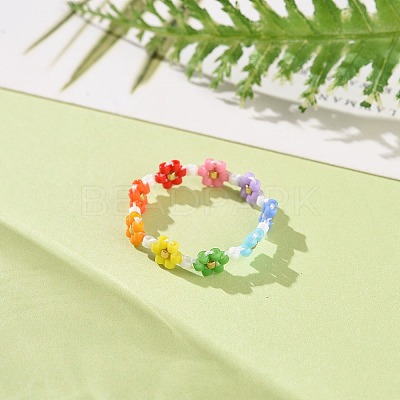 Glass Beaded Flower Wrap Stretch Finger Ring for Women RJEW-MZ00002-01-1
