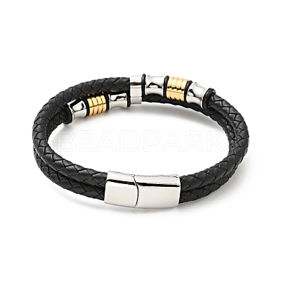 Cowhide Braided Double Layer Bracelet with 304 Stainless Steel Magnetic Clasps BJEW-H552-03PG-1