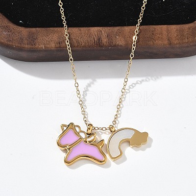 304 Stainless Steel Pearl Pink Enamel & Natural White Shell Pendant Unicorn Rainbow Pendant Necklaces for Women NJEW-M101-02G-1