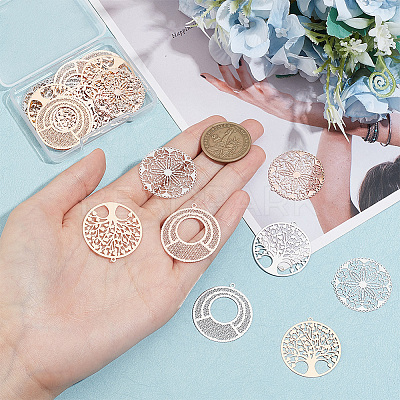 36Pcs 9 Style Rack Plating Brass Filigree Pendants KKC-BC0001-02-1