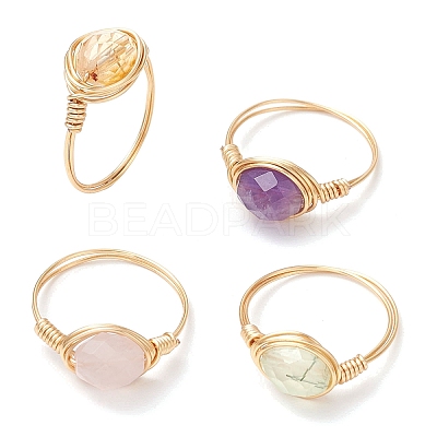 Oval Natural Rose Quartz & Prehnite & Amethyst & Citrine Finger Rings RJEW-JR00802-1