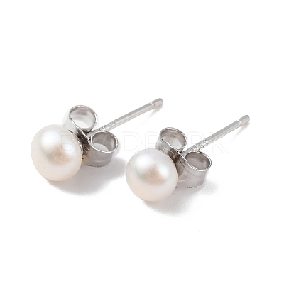Natural Pearl Round Bead Stud Earrings EJEW-E298-01A-01P-1