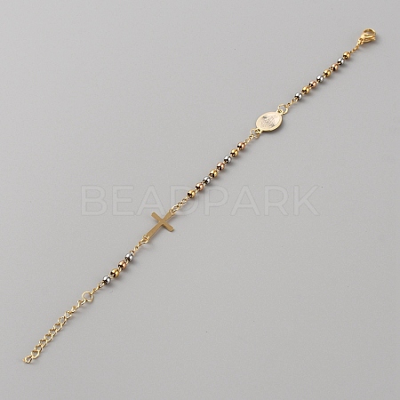 304 Stainless Steel Jesus & Cross Link Bracelet with 201 Stainless Steel Beaded Chains BJEW-WH0012-20D-1