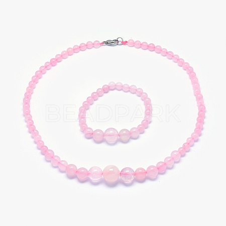 Natural Rose Quartz Graduated Beads Necklaces and Bracelets Jewelry Sets SJEW-L132-14-1
