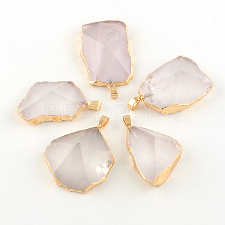 Golden Plated Faceted Natural Rose Quartz Pendants with Iron Clasps G-R275-262-1