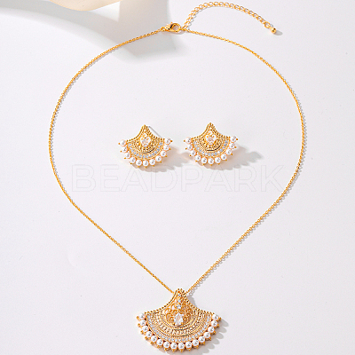 Brass Micro Pave Clear Cubic Zirconia Fan Pendant Necklaces & Stud Earrings Sets for Women SJ9834-1