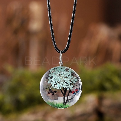 Flat Round Glass with Dried Flower Tree Inner Pendant Black Waxed Cord Necklaces FS-WG87A6D-19-1