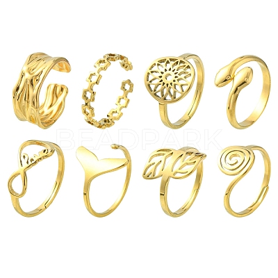8Pcs 8 Style Flower & Leaf & Whale Tail & Snake Stainless Steel Open Cuff Ring Sets RJEW-FS0001-01-1