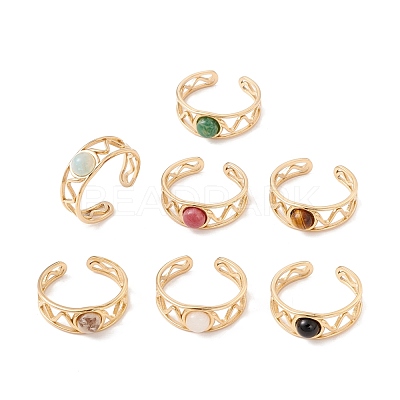 Natural Gemstone Half Round Open Cuff Ring RJEW-B039-04G-1