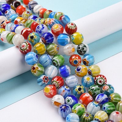Millefiori Glass Round-Single Flower Bead Strands LK16-1