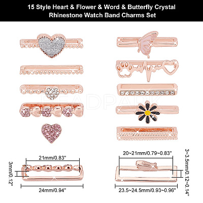 15Pcs 15 Style Heart & Flower & Word & Butterfly Crystal Rhinestone Watch Band Charms Set FIND-PH0007-69-1