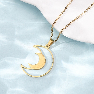 304 Stainless Steel Double Hollow Moon Pendant Cable Chain Necklaces for Men Women NJEW-K308-01E-G-1
