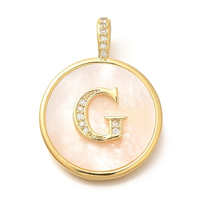 Rack Plating Brass Micro Pave Clear Cubic Zirconia Pendants with Shell KK-M309-42G-G-1