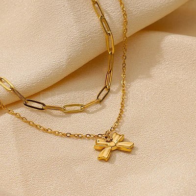 304 Stainless Steel Bowknot Pendant Necklaces LS-NJEW-L182-001G-02-1