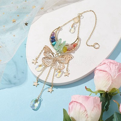 Butterfly & Moon Brass & 304 Stainless Steel Hanging Suncatchers HJEW-TA00162-1