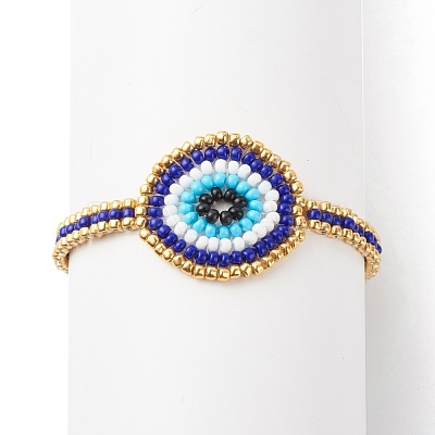 Glass Seed Braided Evil Eye Link Bracelet for Women BJEW-JB08398-02-1