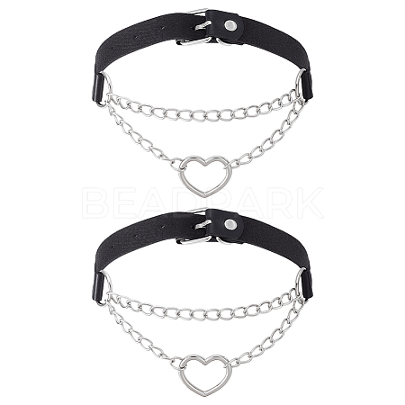 2Pcs Alloy Heart Link PU Leather Punk Choker Necklaces for Women NJEW-UN0001-70A-1