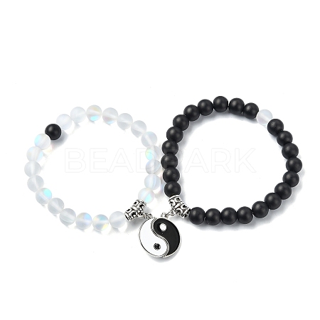 2Pcs 2 Color Synthetic Moonstone & Glass Round Beaded Stretch Bracelets Set BJEW-TA00445-1