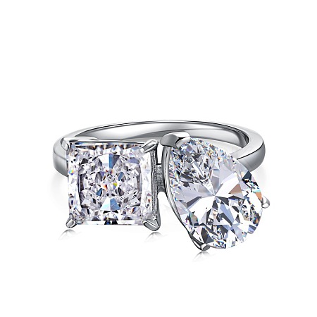 Square & Teardrop Rhodium Plated 925 Sterling Silver Micro Pave Cubic Zirconia Finger Rings for Women RJEW-F168-01P-1
