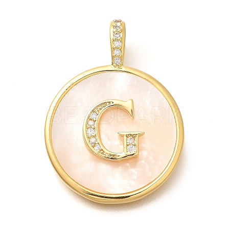 Rack Plating Brass Micro Pave Clear Cubic Zirconia Pendants with Shell KK-M309-42G-G-1