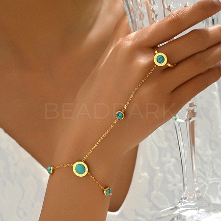 Vintage Real 18K Gold Plated Stainless Steel Synthetic Turquoise Link Ring Bracelets for Women QF4467-1