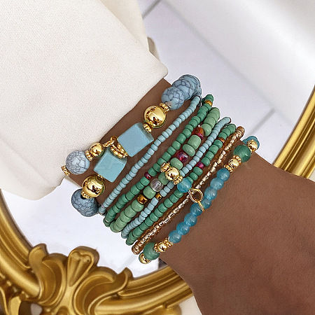 8Pcs 8 Styles Glass Seeded Beaded Stretch Bracelet Set WG2CB6D-04-1