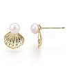 Brass Shell Shape & Natural Pearl Stud Earrings PEAR-N020-05H-2