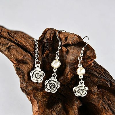 Zinc Alloy Imitation Pearl Flower Rose Dangle Earrings & Pendant Necklaces Sets for Women WG42FFC-02-1