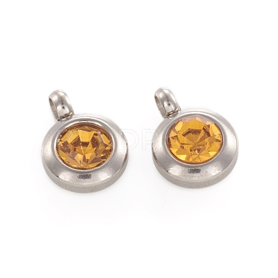 Trendy Original Color 304 Stainless Steel Faceted Grade A Rhinestone Flat Round Charms Pendants RB-N030-01J-1