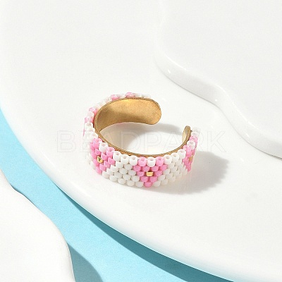 Glass Beads with 304 Stainless Steel Cuff Rings RJEW-MZ00031-01-1