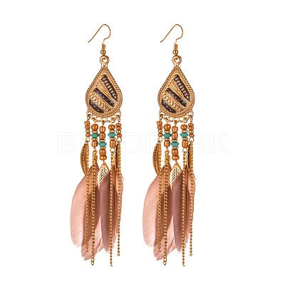 Feather Alloy Seed Beads Dangle Earrings FS-WGA085C-11-1