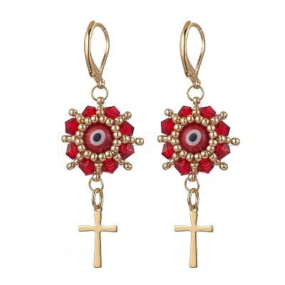 Evil Eye with Cross 304 Stainless Steel Glass Seed Beads Leverback Earrings EJEW-MZ00420-01-1