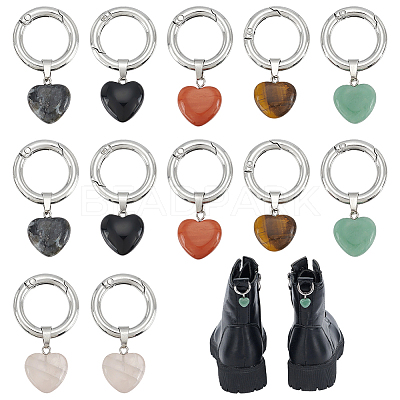 12Pcs 6 Colors Heart Natural Tiger Eye & Rose Quartz & Green Aventurine & Larvikite & Red Jasper & Obsidian Shoes Charms HJEW-PH02141-1