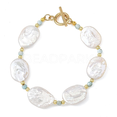 Natural Baroque Keshi Pearl Oval & Natural Larimar & Brass Beaded Bracelets BJEW-JB14338-1