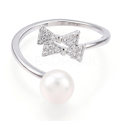 Natural Pearl Finger Open Cuff  Ring Micro Pave Clear Cubic Zirconia PEAR-N022-C03-1