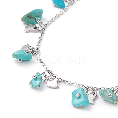 Synthetic Turquoise Chips & Heart Charms Anklet AJEW-AN00512-01-1