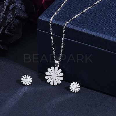 316 Surgical Stainless Steel Daisy Stud Earrings and Pendant Necklace JX376A-1