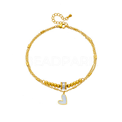 304 Stainless Steel Pave Clear Cubic Zirconia & Natural White Shell Heart Charm Double Layer Anklets for Women FS-WGDE261-01-1