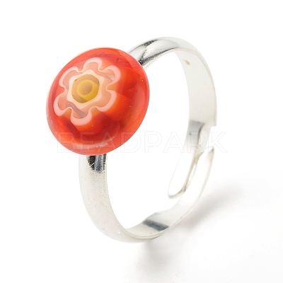 Flower Flat Round Millefiori Glass Adjustable Ring RJEW-JR00407-1