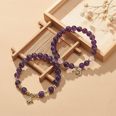 2Pcs 2 Style Natural Amethyst & Rose Quartz Beaded Stretch Bracelets Set BJEW-JB09020-1