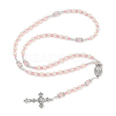Glass Pearl Rosary Bead Necklace NJEW-TA00082-01-1